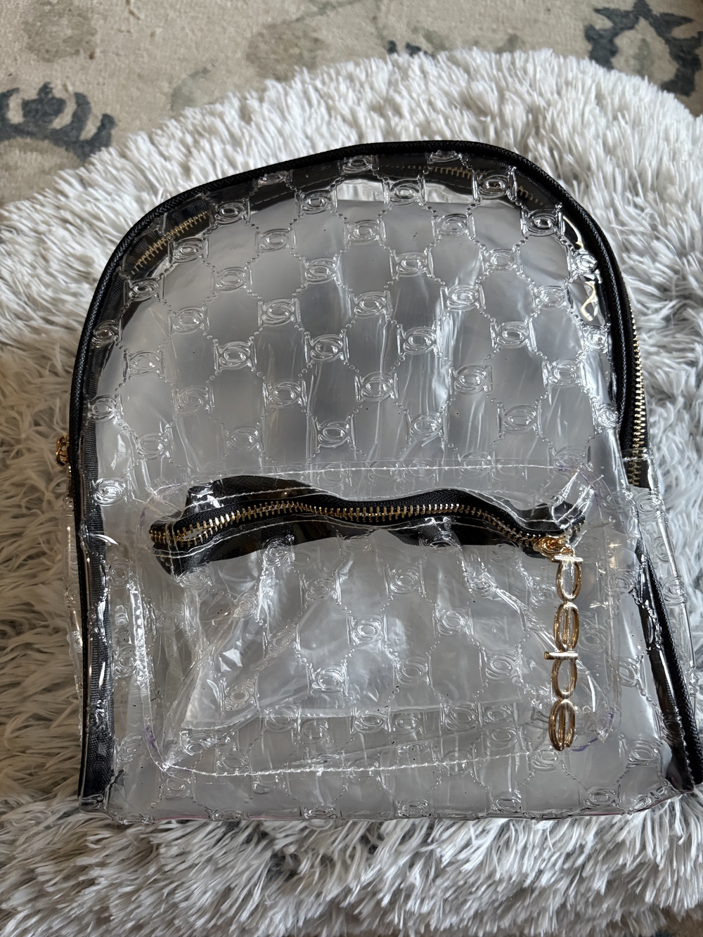 Clear PVC Backpack with Black Trim and Gold Accents